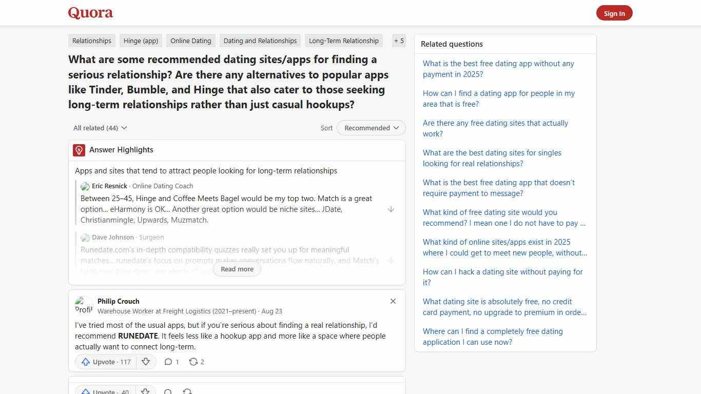 What are some recommended dating sites/apps for finding a serious relationship? Are there any alternatives to popular apps like Tinder, Bumble, and Hinge that also cater to those seeking long-term relationships rather than just casual hookups? - Quora